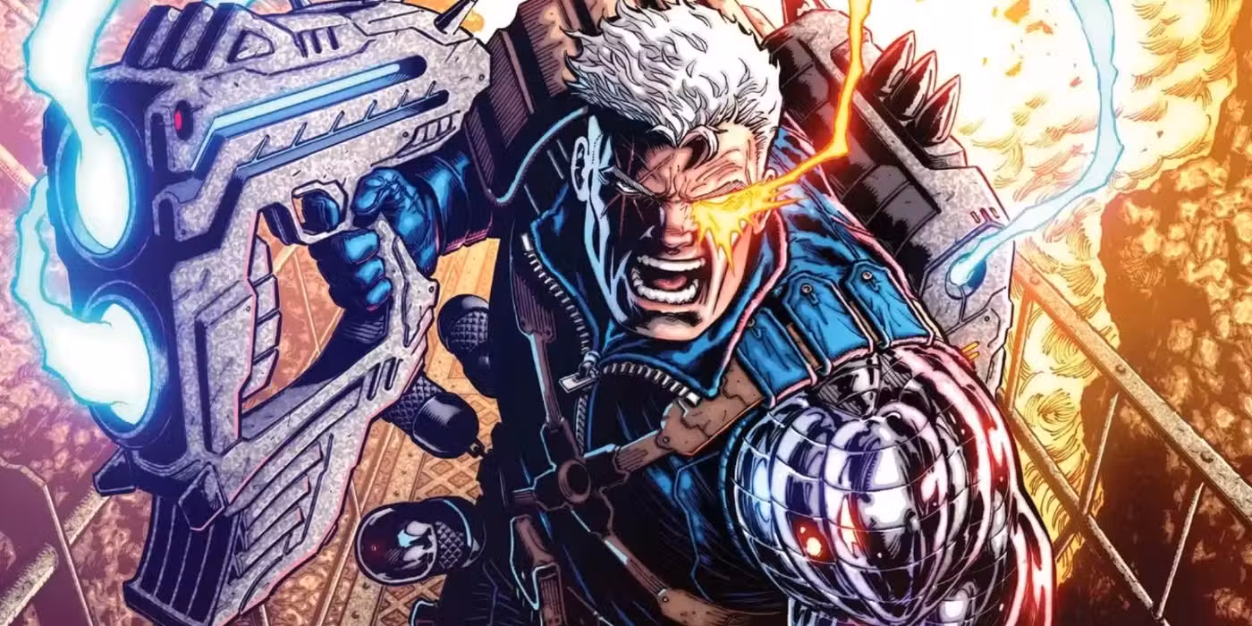 Cable empuñando un arma gigante, gritando y cargando hacia la batalla.