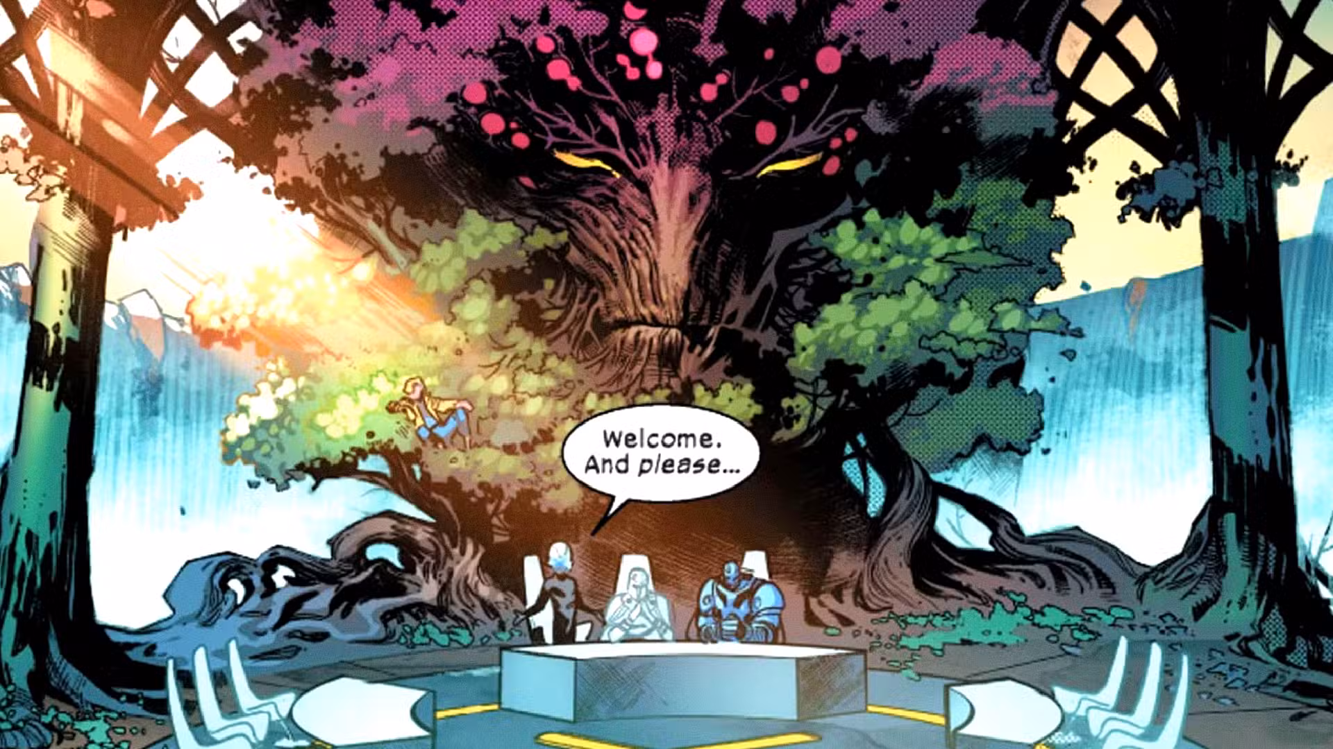 Charles Xavier, Magneto y Apocalipsis se sientan junto a Krakoa en House of X