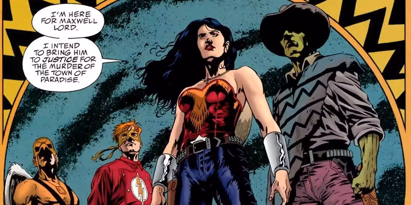 Wonder Woman, Kid Flash, Martian Manhunter y Hawkman juntos en el panel de Justice Riders