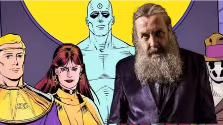 Imagen de portada: Alan Moore con personajes de Watchmen, incluidos Doctor Manhattan, Silk Spectre, Ozymandias y Rorschach
