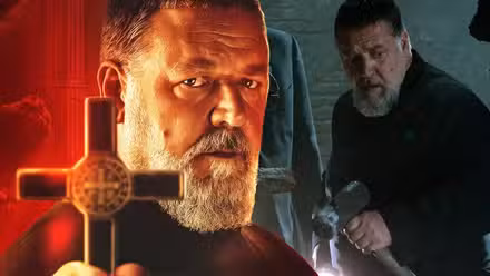 Una imagen compuesta del padre Amorth sosteniendo una cruz con Amorth atravesando una pared en El exorcista del Papa.