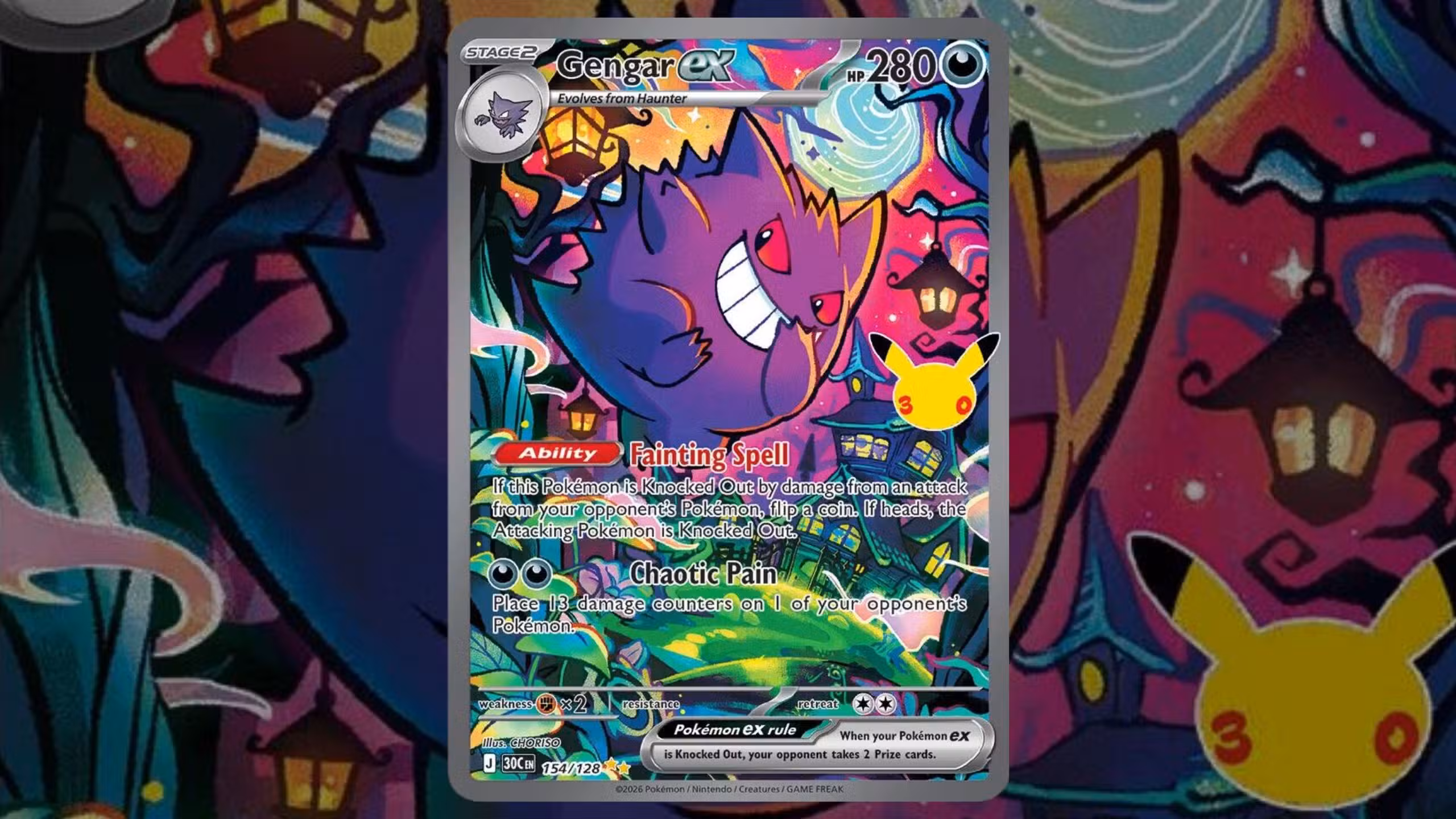 Gengar ex tarjeta 154 para el set de celebración número 30 de Pokémon TCG